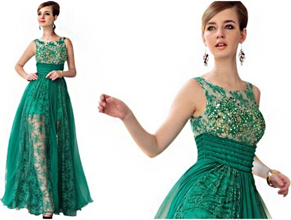 Зеленое платье с кружевом