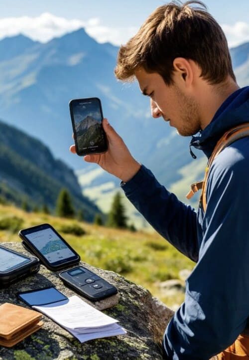Путешественник держит в руках смартфоны