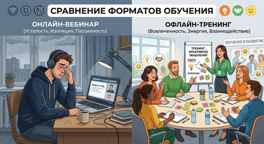 Сравнение онлайн вебинара и офлайн тренинга