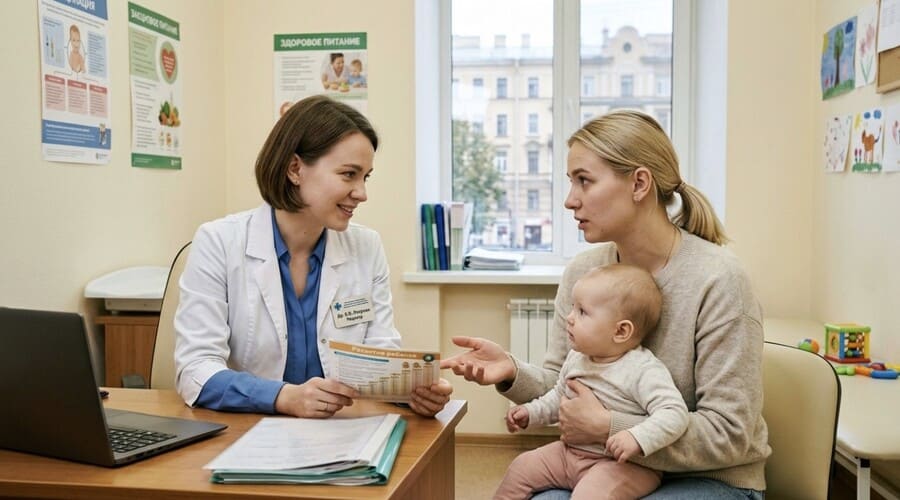 Врач консультирует мать с ребенком на руках в медицинском кабинете