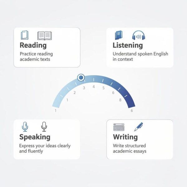Четыре блока с названиями секций TOEFL — Reading, Listening, Speaking, Writing