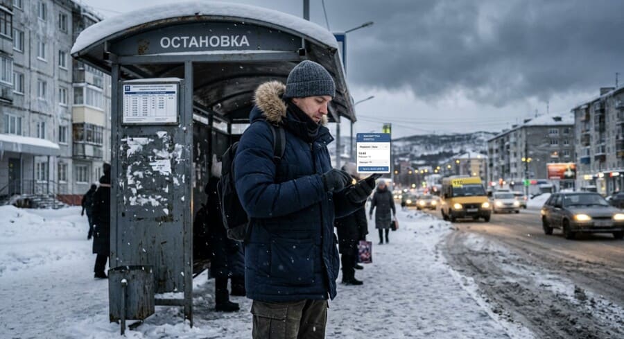 Человек в тёплой зимней одежде на остановке в Мурманске