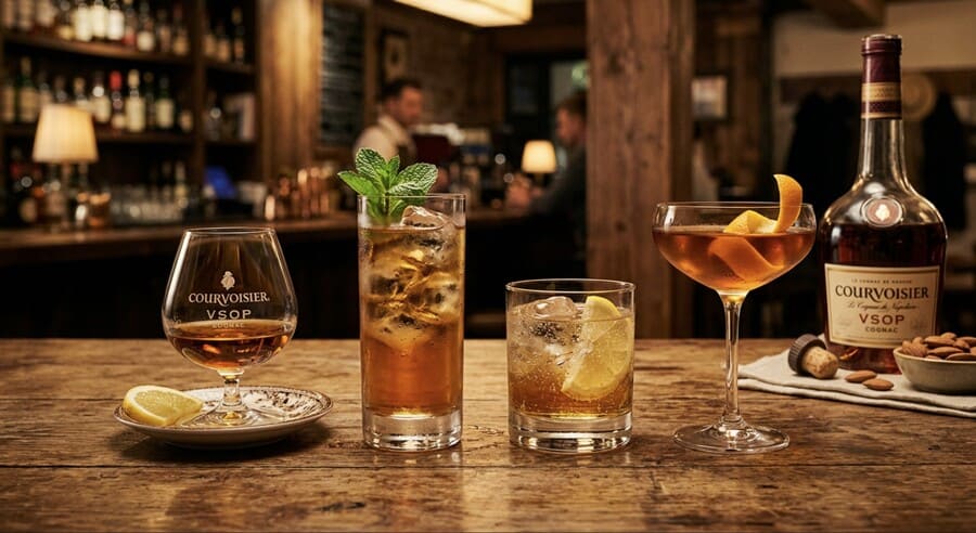 Четыре бокала с коньяком Courvoisier на одном столе