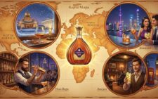 Карта мира с бутылкой коньяка Courvoisier в центре