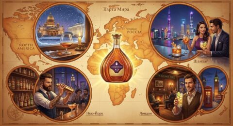Карта мира с бутылкой коньяка Courvoisier в центре