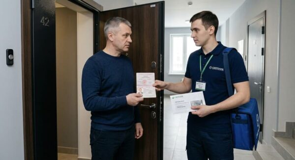 Курьер в форменной одежде банка стоит у двери квартиры и вручает запечатанный белый конверт с банковской картой