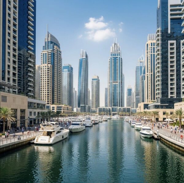 Набережная Dubai Marina с яхтами у причала
