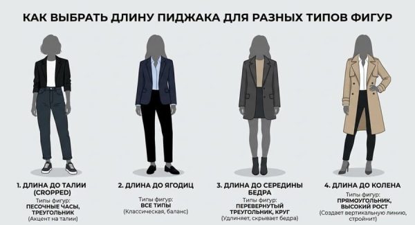 Четыре женских силуэта рядом, каждый демонстрирует пиджак разной длины