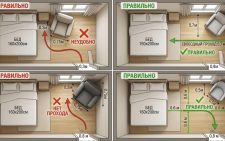Коллаж с четырьмя вариантами расположения кресла в маленькой спальне