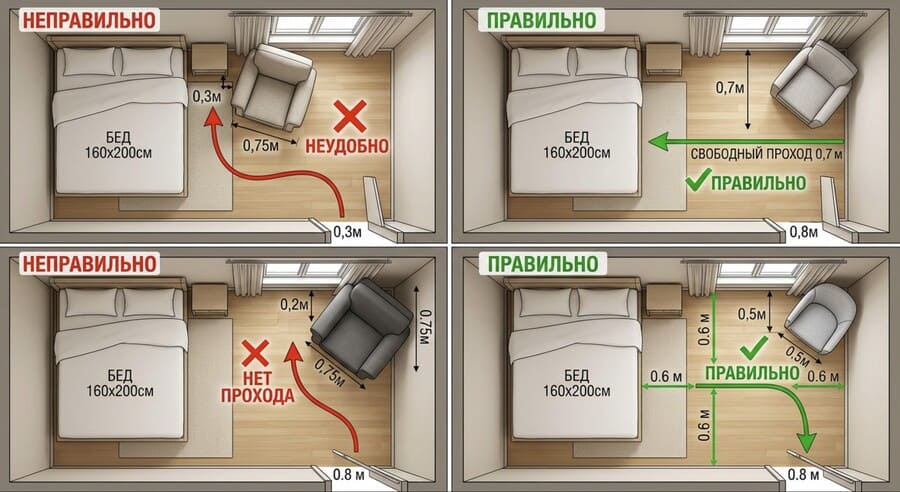 Коллаж с четырьмя вариантами расположения кресла в маленькой спальне