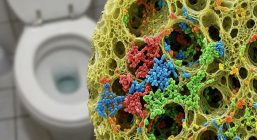 Крупный план микроскопического среза кухонной губки с видимыми колониями различных бактерий