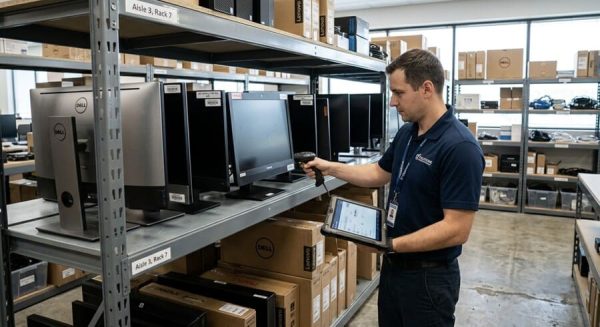 Несколько офисных моноблоков Dell и Lenovo стоят на складском стеллаже