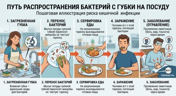 Последствия мытья посуды грязной губкой