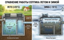 Схема работы септика летом и зимой в сравнении
