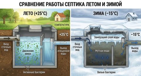Схема работы септика летом и зимой в сравнении