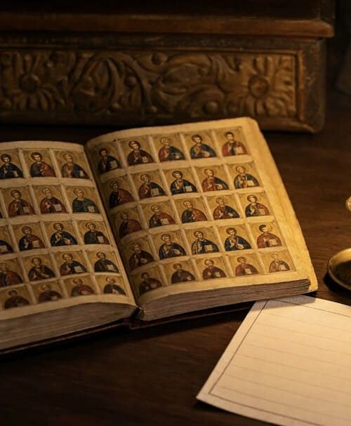 Открытая книга святцев на деревянном столе