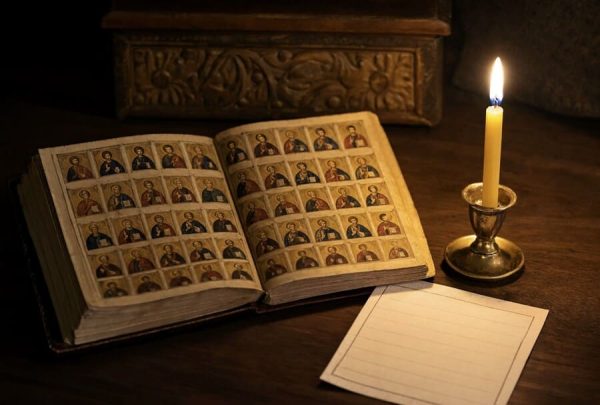 Открытая книга святцев на деревянном столе