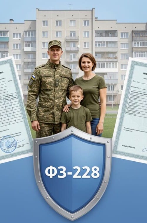 Военнослужащий в форме и его семья на фоне многоквартирного дома