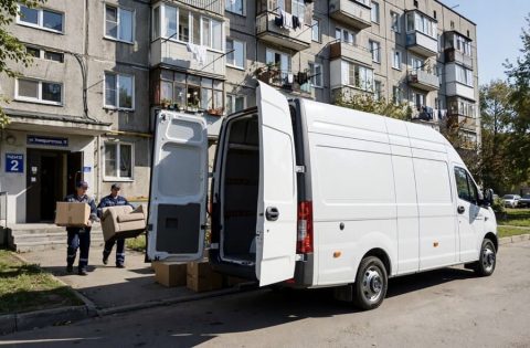 грузовая ГАЗель стоит у многоэтажного жилого дома в Донецке