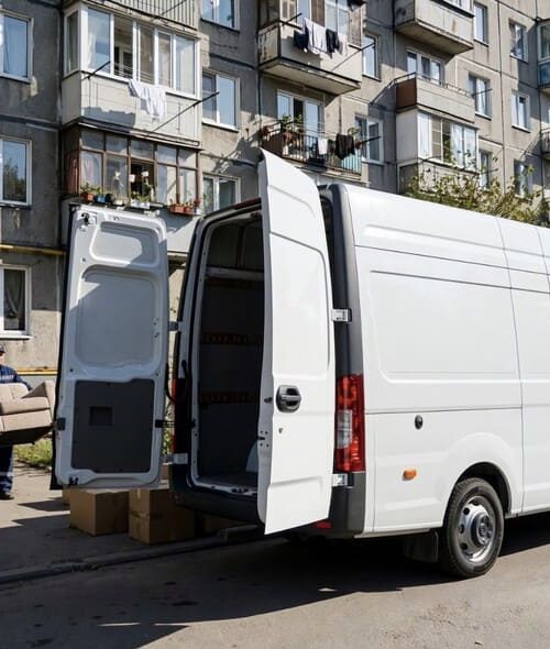 грузовая ГАЗель стоит у многоэтажного жилого дома в Донецке