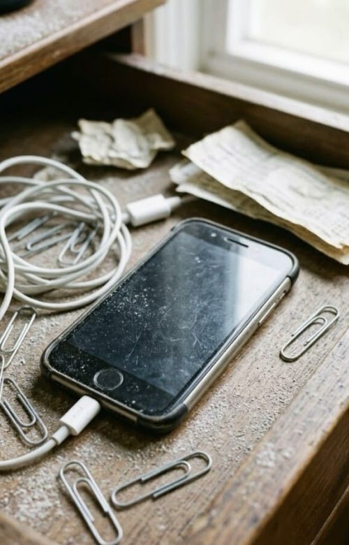 приоткрытый ящик письменного стола, внутри лежит старый смартфон с потертым корпусом