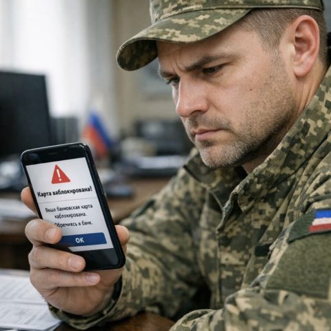 Военнослужащий в форме смотрит на экран смартфона с уведомлением о блокировке банковской карты