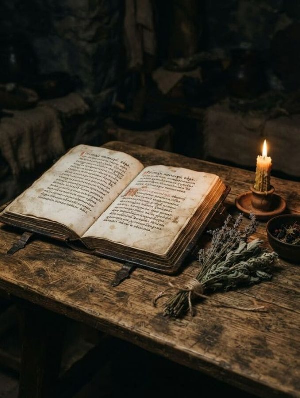 Раскрытая старинная книга на грубом деревянном столе