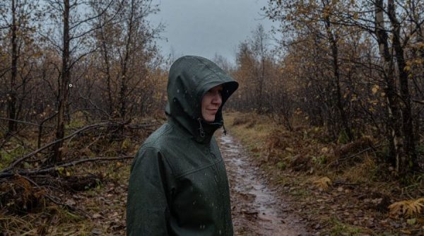 Турист в тёмно-зелёной мембранной куртке с накинутым капюшоном