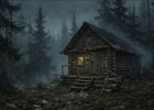 Тёмный еловый лес в сумерках, туман стелется между стволами
