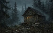 Тёмный еловый лес в сумерках, туман стелется между стволами