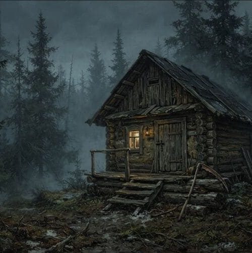 Тёмный еловый лес в сумерках, туман стелется между стволами