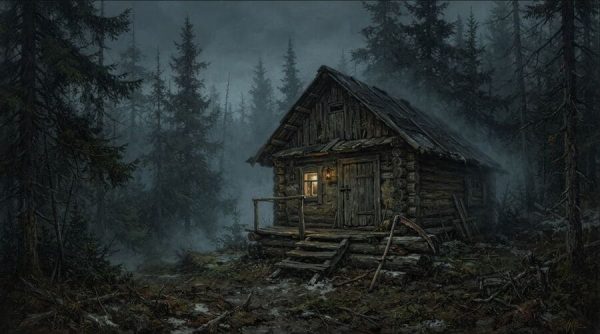 Тёмный еловый лес в сумерках, туман стелется между стволами