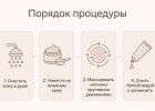 Порядок процедуры: очищение, нанесение на влажную кожу, мягкий круговой массаж, смывание тёплой водой и увлажнение.
