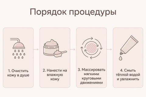Порядок процедуры: очищение, нанесение на влажную кожу, мягкий круговой массаж, смывание тёплой водой и увлажнение.
