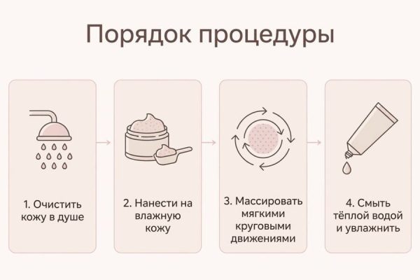 Порядок процедуры: очищение, нанесение на влажную кожу, мягкий круговой массаж, смывание тёплой водой и увлажнение.