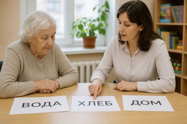 Пожилая женщина 78 лет за столом напротив логопеда