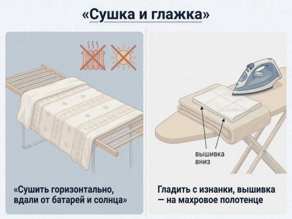 Бельё сушат в расправленном виде вдали от тепла, а гладят с изнанки, подложив под вышивку махровое полотенце, чтобы узор не сплющился.