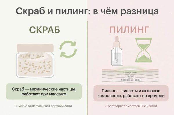 Скраб отшелушивает механически во время массажа, пилинг работает за счёт активных компонентов и требует соблюдения времени выдержки.